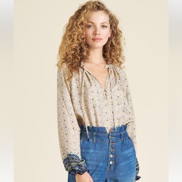 Veronica Beard || Antonette Blouse Floral Silk Top Ruffle Puff Sleeve Ivory 2 - Picture 1 of 10